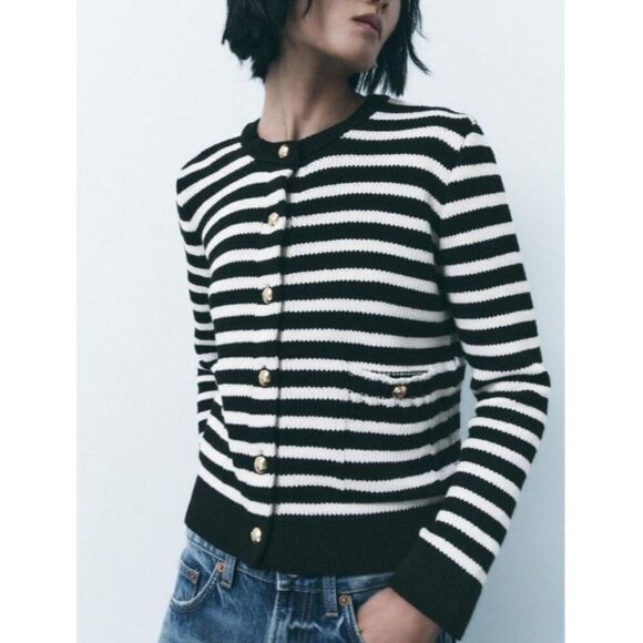 Zara Womens Cardigan Sweater Size L Black White Striped Gold Button 3991/124 NWT - Picture 1 of 9